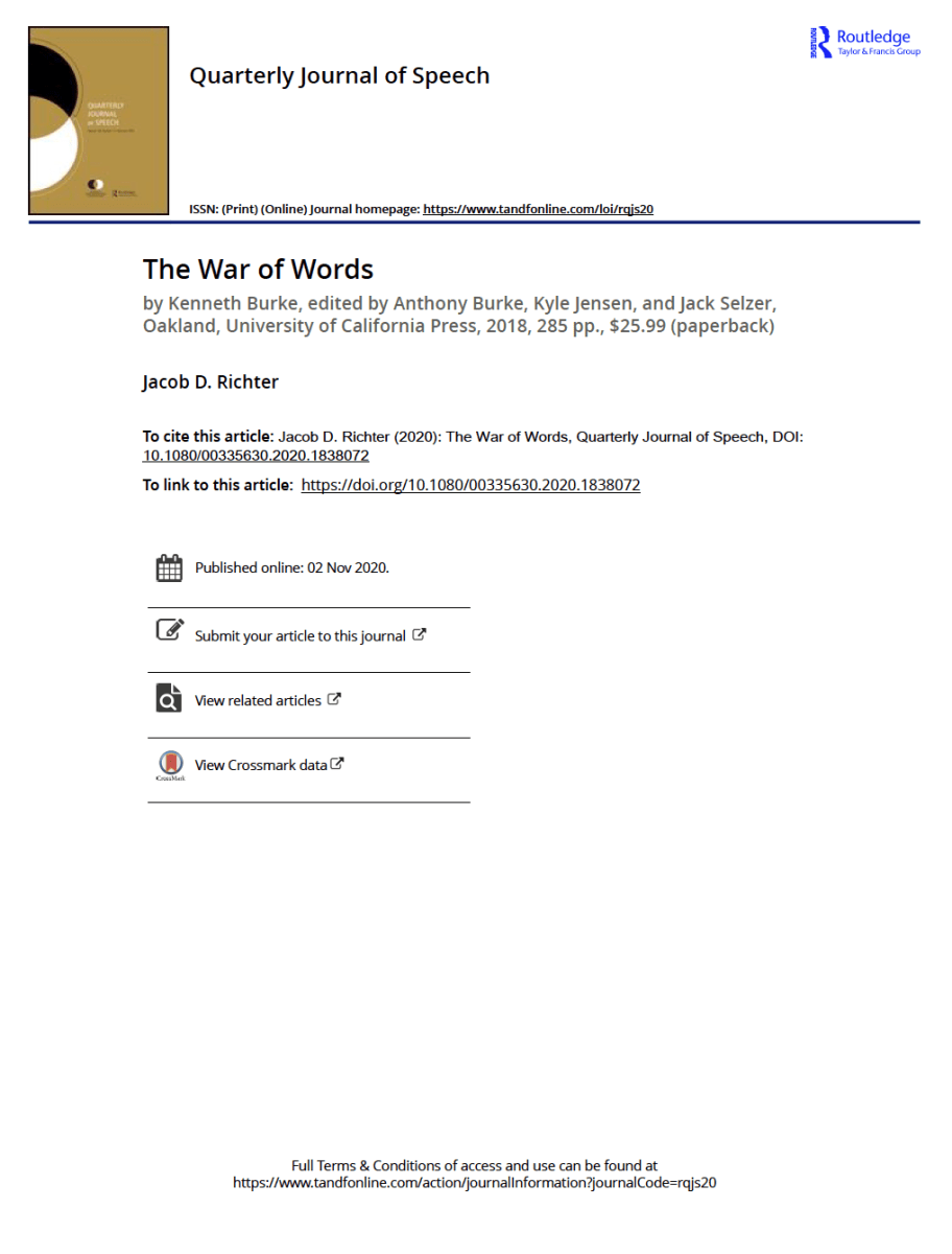 Image is a screenshot of Jacob Richter's book review of Kenneth Burke's "The War of Words"