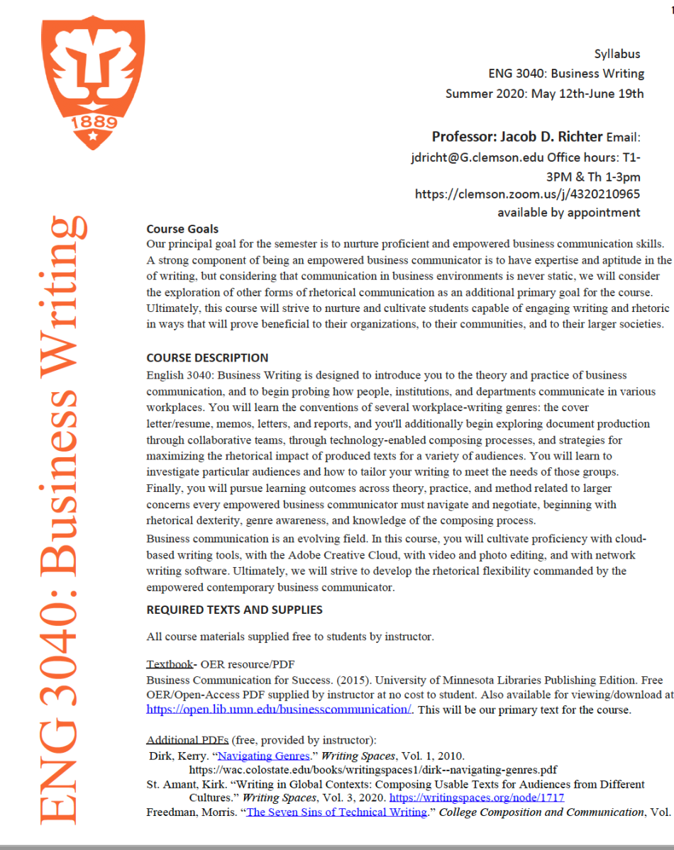 Image is a screenshot of Jacob Richter's Business Writing syllabus front page.