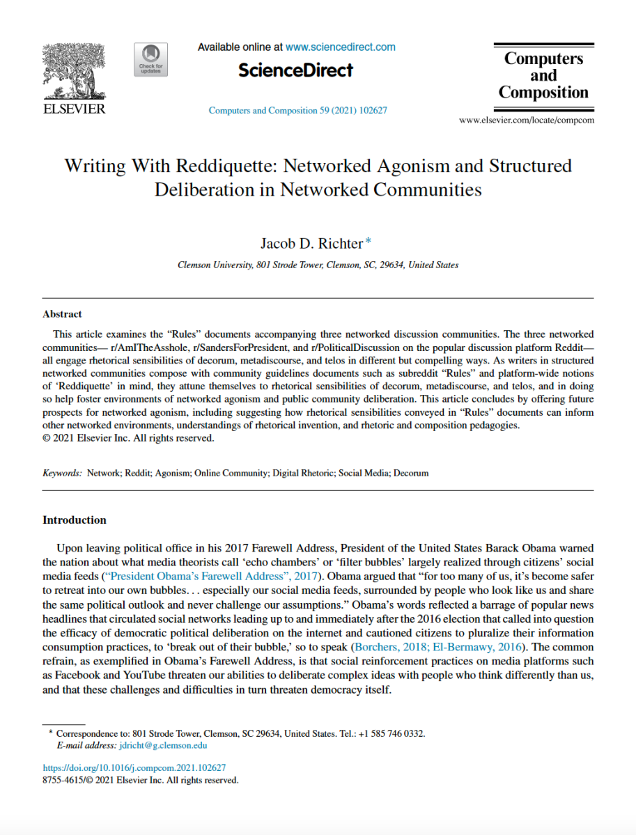 Image is a screenshot of Jacob Richter's article "Writing with Reddiquette," published in Computers and Composition in 2021.